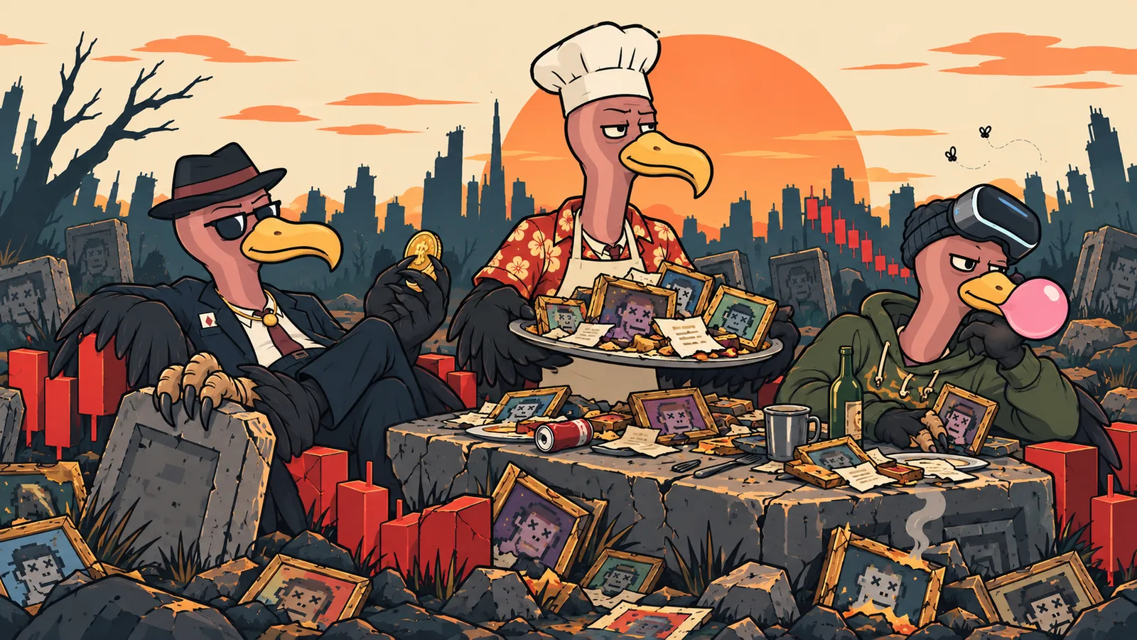 A vulture chef serving a tray of dead NFTs to two vultures at a tombstone table
